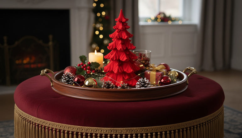 Dovleac decorativ din sticlă, de culoare albă și acoperit cu paiete, așezat pe o tavă aurie, deocrată de toamnă