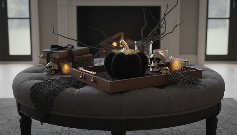 Dovleac decorativ negru, din catifea, cu codiță aurie, așezat pe o tavă argintie, decorată de Halloween