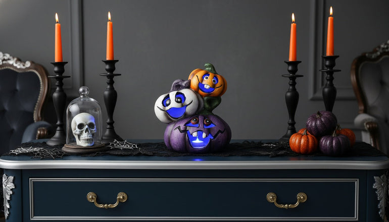 Dovleac decorativ pentru Halloween, în culori negru și auriu, cu led, așezat pe o ava din lemn, decorată de Halloween