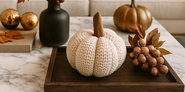 Dovleac decorativ din material textile, croșetat, de culoare bej, așezat pe o tavă din lemn, decorată de toamnă