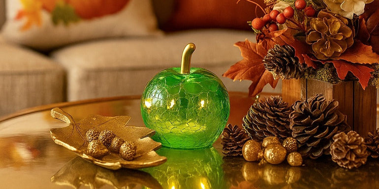 Măr decorativ din sticlă, de culoare verde, cu lumină led