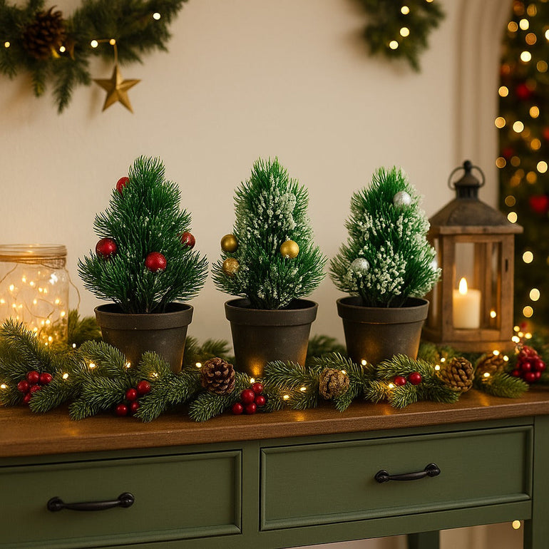 Set 3 brazi decorativi cu globuri, în ghiveci negru