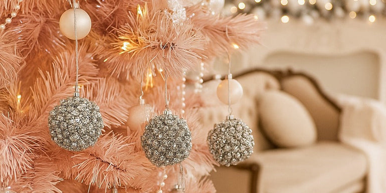 Set globuri argintii de Crăciun cu cristale, agățate pe un bard roz, decorat de Crăciun