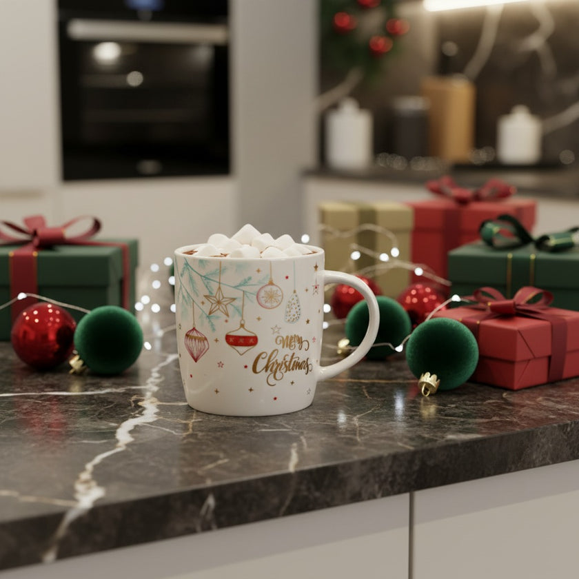 Cană Merry Christmas cu globuri