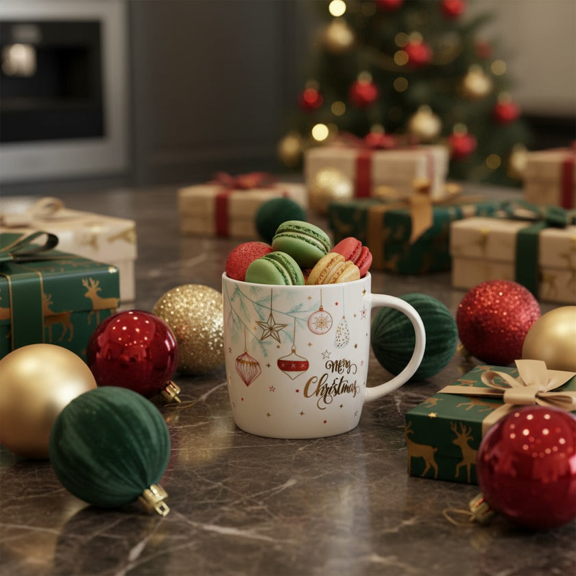 Cană Merry Christmas cu globuri