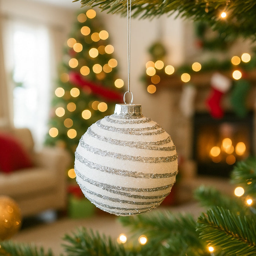 Glob Crăciun alb cu sclipici din sticlă