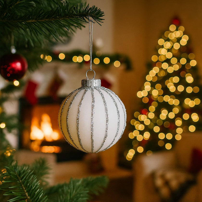 Glob Crăciun alb cu sclipici din sticlă