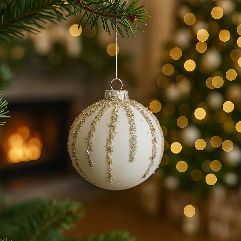 Glob Crăciun alb cu sclipici din sticlă