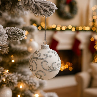 Glob Crăciun alb cu sclipici din sticlă