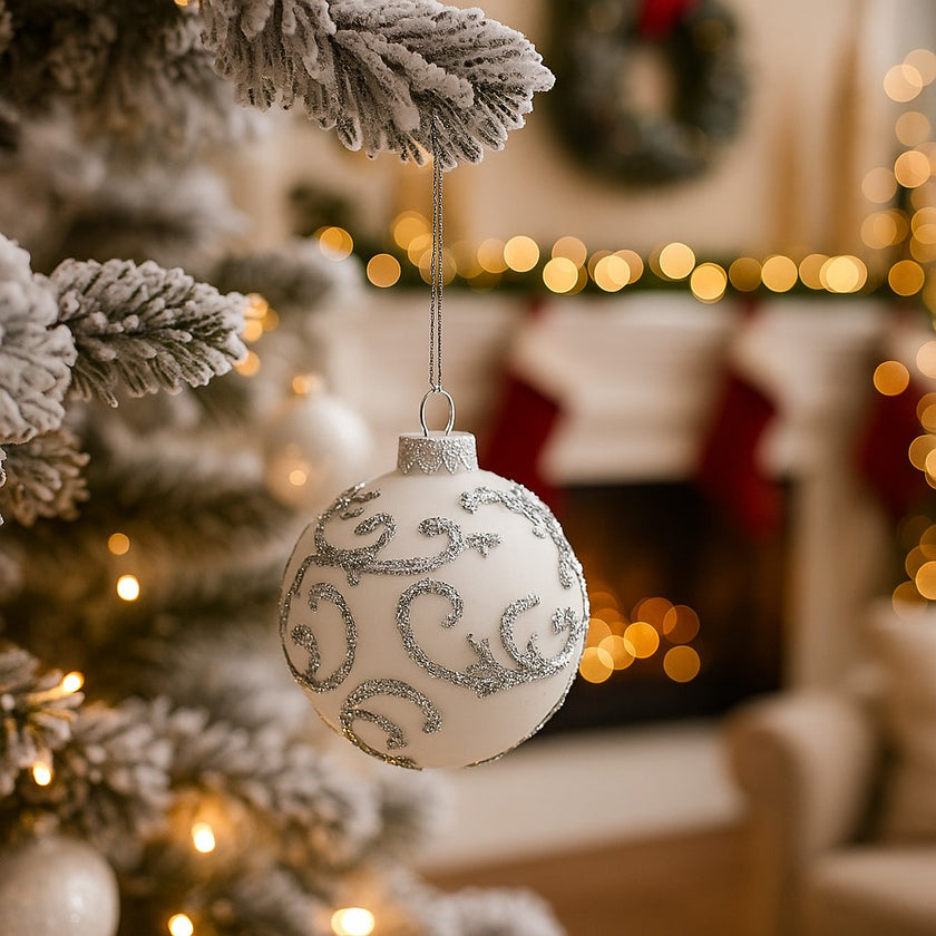 Glob Crăciun alb cu sclipici din sticlă