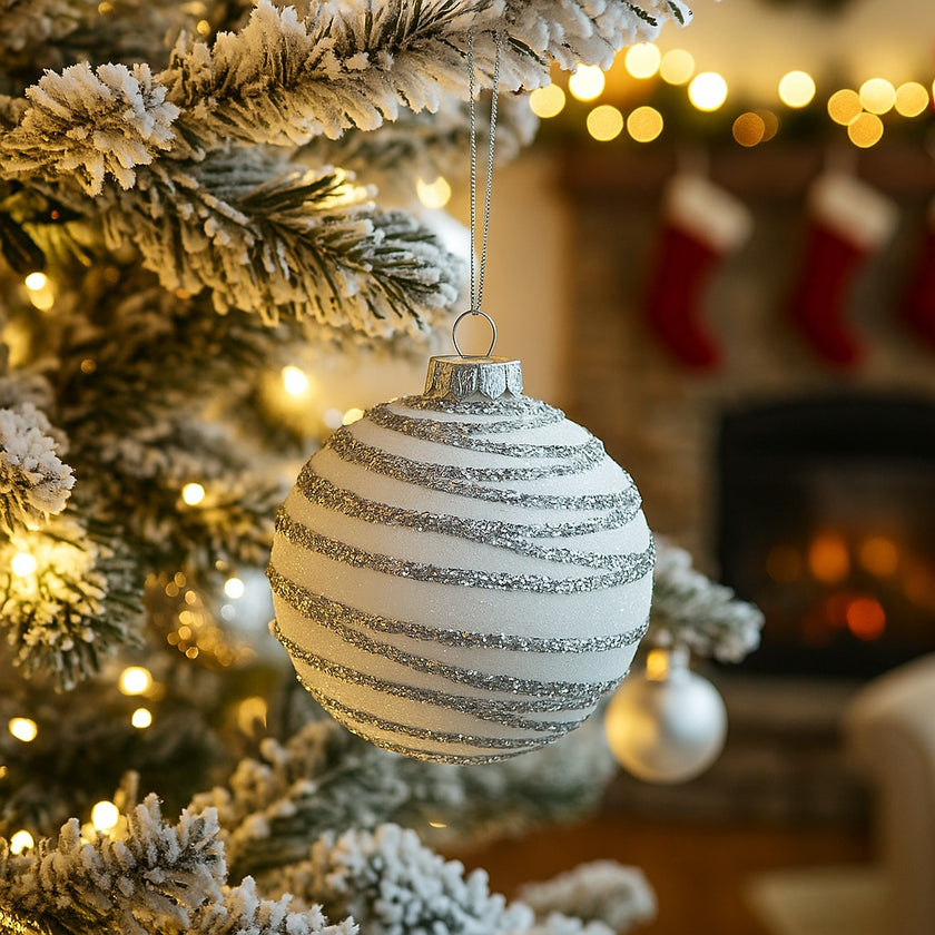 Glob Crăciun alb cu sclipici din sticlă