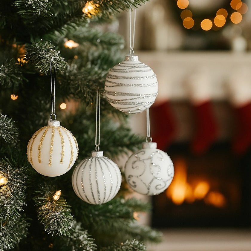 Glob Crăciun alb cu sclipici din sticlă