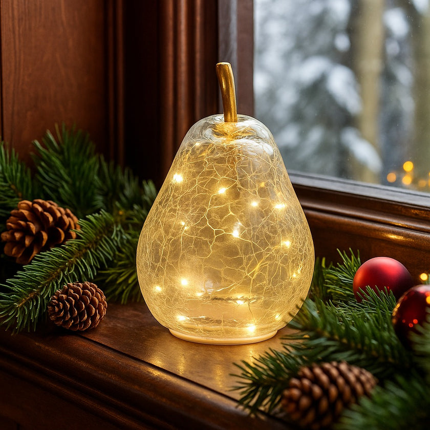 Pară decorativă din sticlă cu lumini led