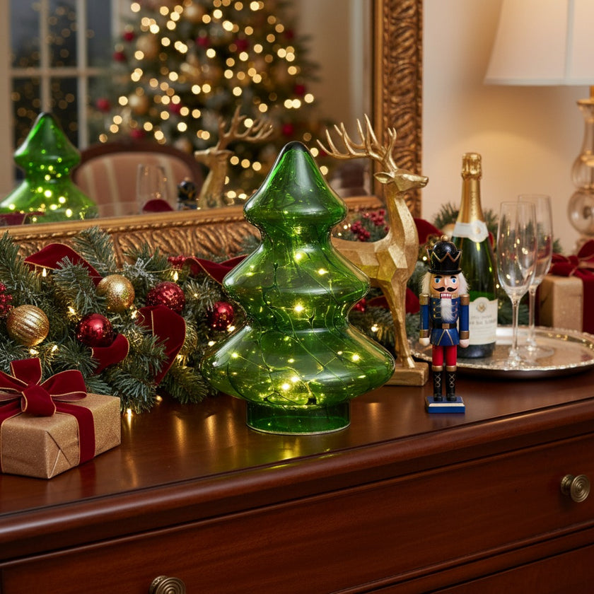 Brad decorativ din sticlă cu lumini led