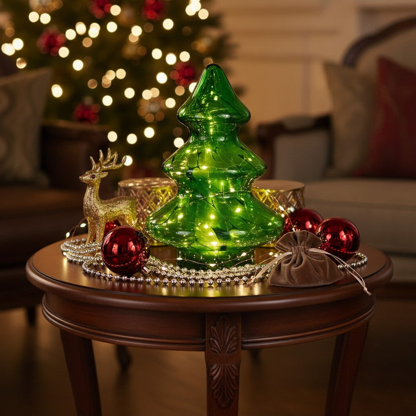 Brad decorativ din sticlă cu lumini led