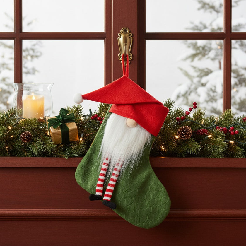 Șosetă cadouri de Crăciun verde cu spiriduș