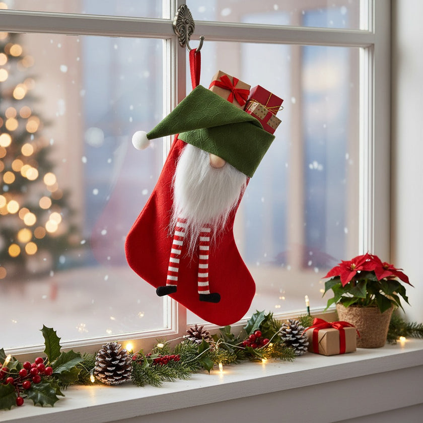 Șosetă cadouri de Crăciun roșie cu spiriduș