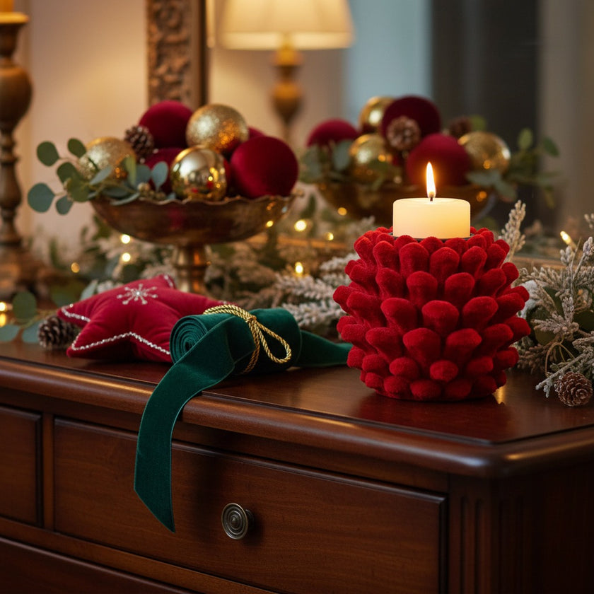 Suport lumânare roșu din catifea