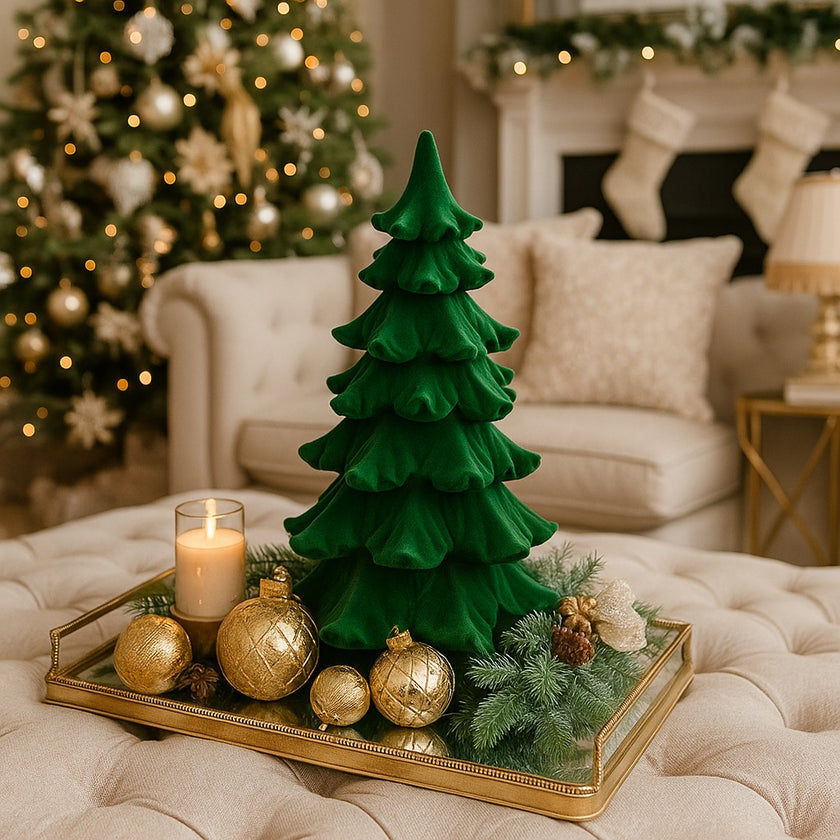 Brad decorativ verde din catifea 27cm