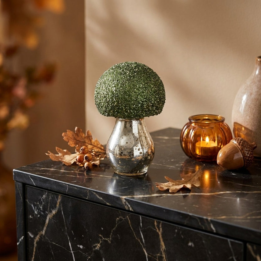 Ciupercă decorativă din sticlă verde 12cm