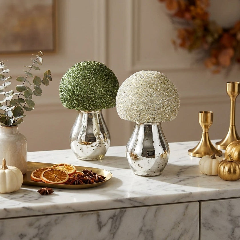 Ciupercă decorativă din sticlă argintie 12cm