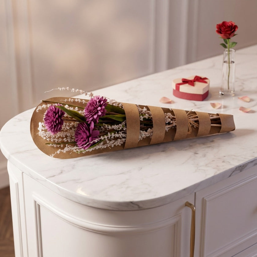 Buchet decorativ cu flori uscate mov