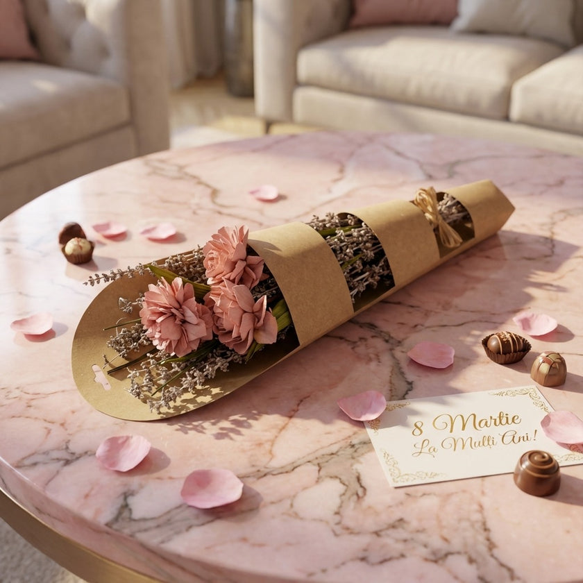 Buchet decorativ cu flori uscate roz