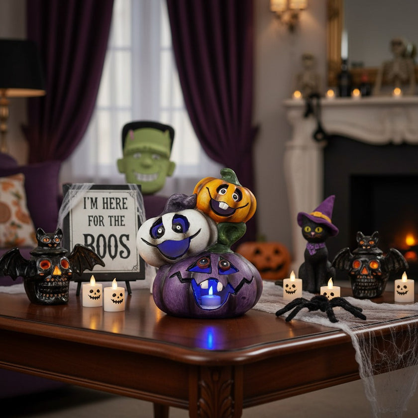 Figurină dovleci de Halloween din ceramică cu LED 15cm