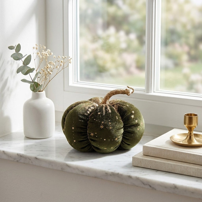 Dovleac decorativ din catifea verde cu sclipici 16cm