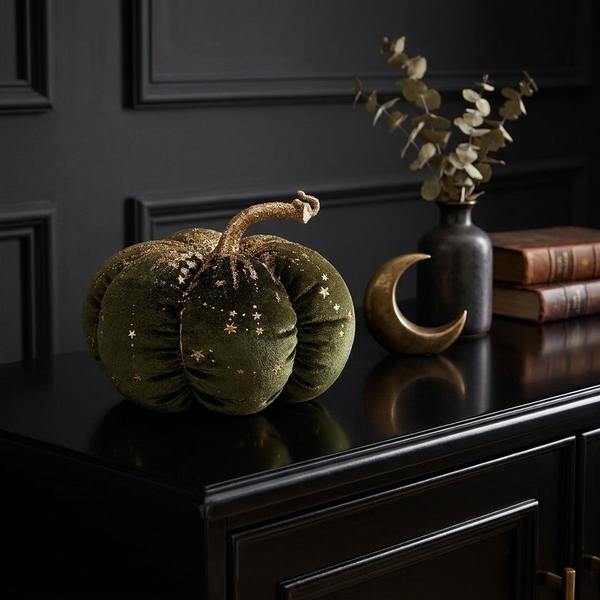 Dovleac decorativ din catifea verde cu sclipici 16cm