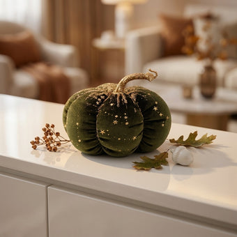 Dovleac decorativ din catifea verde cu sclipici 16cm