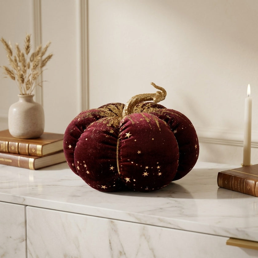 Dovleac decorativ din catifea vișiniu cu sclipici 16cm