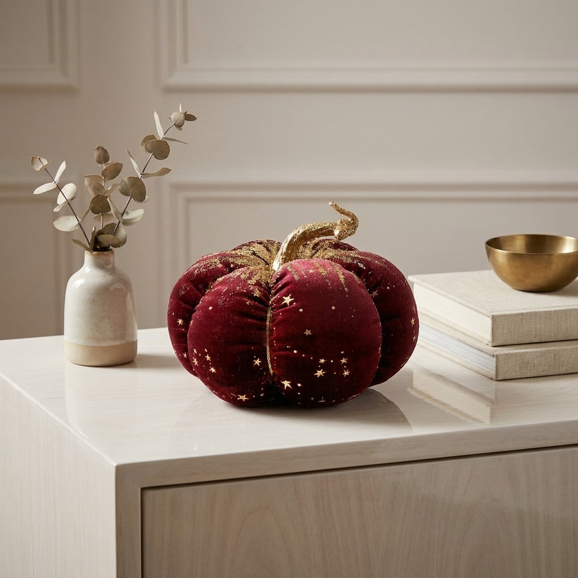 Dovleac decorativ din catifea vișiniu cu sclipici 16cm