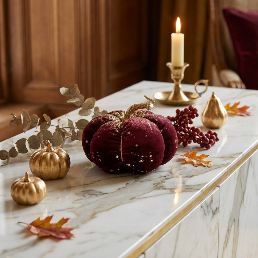 Dovleac decorativ din catifea vișiniu cu sclipici 16cm