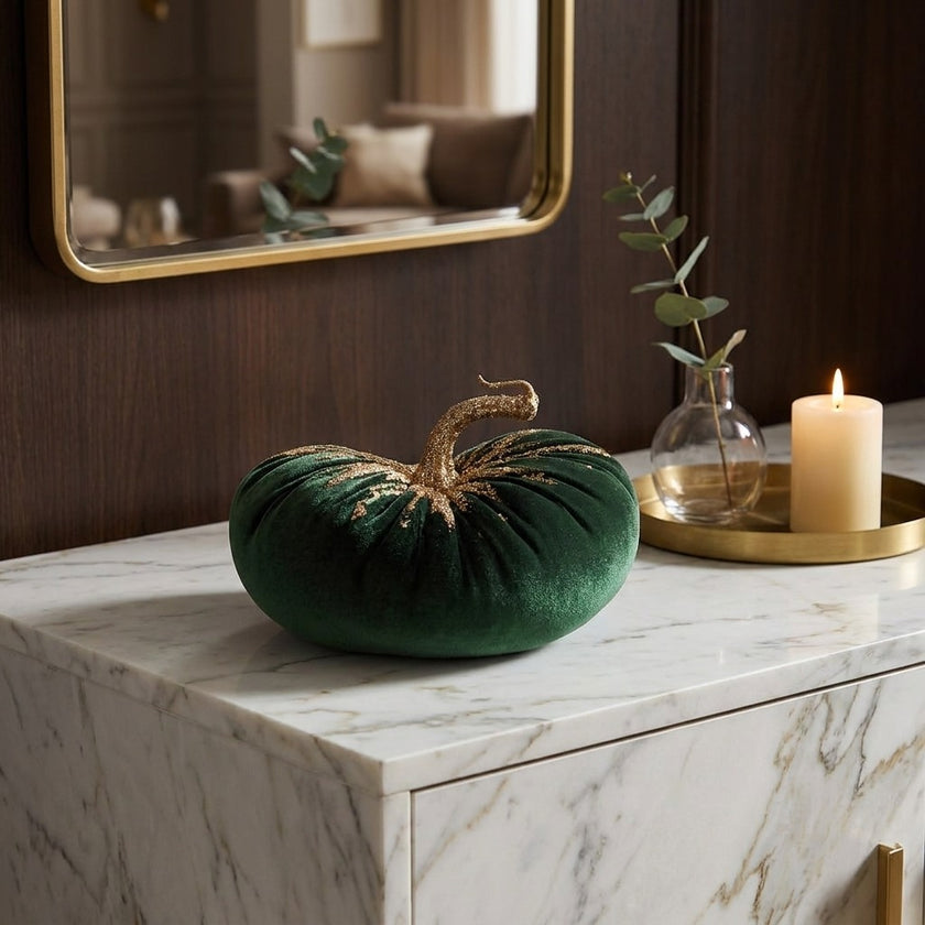 Dovleac decorativ din catifea verde cu sclipici 15cm