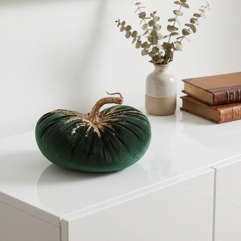 Dovleac decorativ din catifea verde cu sclipici 15cm