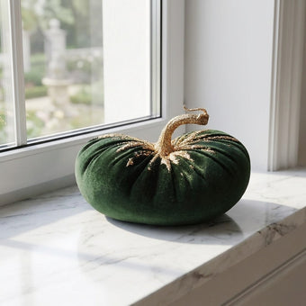 Dovleac decorativ din catifea verde cu sclipici 15cm
