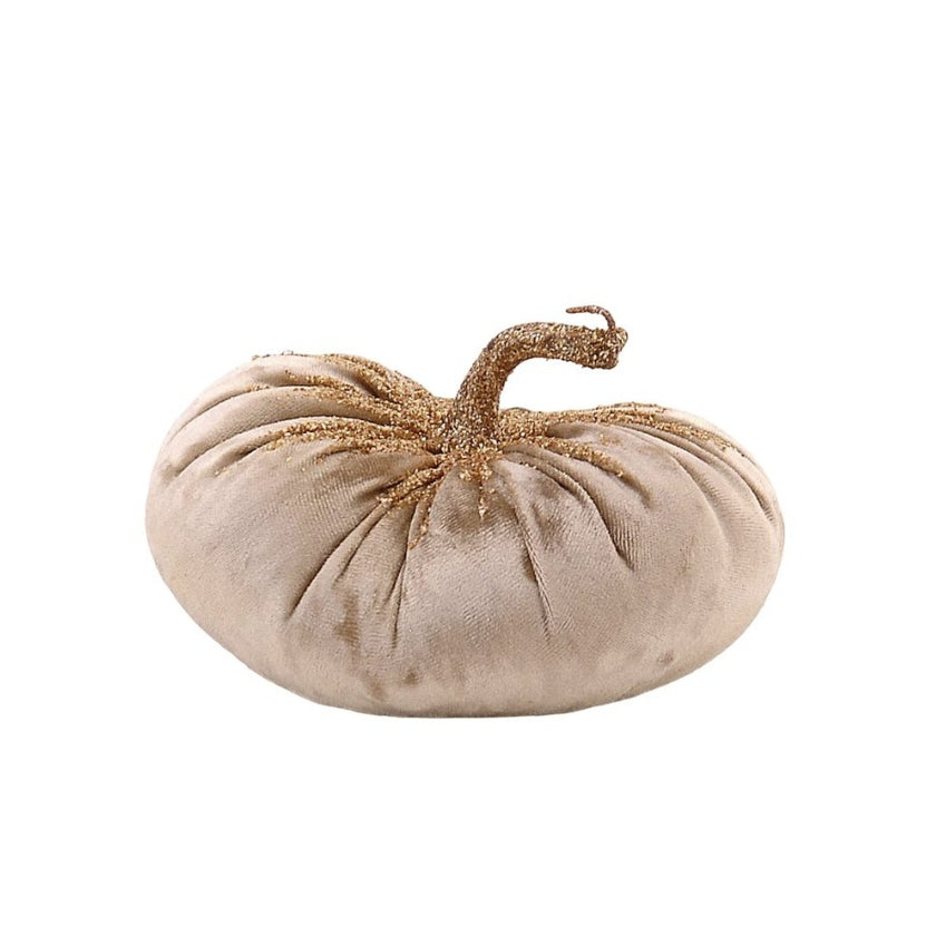 Dovleac decorativ din catifea bej cu sclipici 15cm