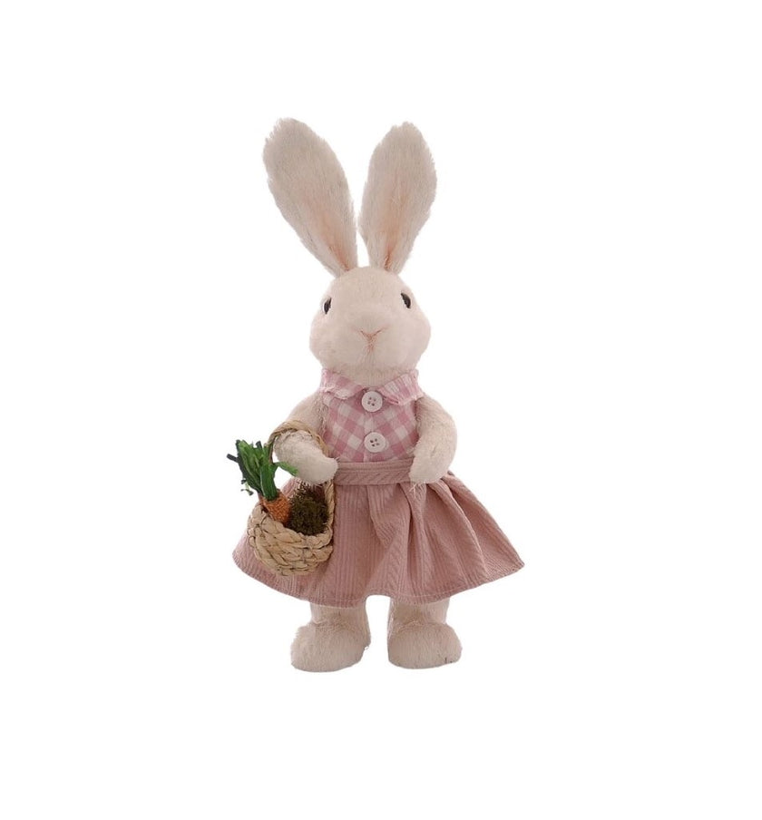 Iepuraș de Paște textil cu rochiță și coșuleț 35cm