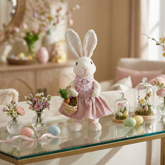 Iepuraș de Paște textil cu rochiță și coșuleț 35cm