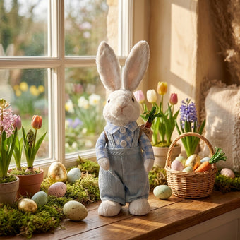 Iepuraș de Paște textil cu rucsac și morcovi 35cm