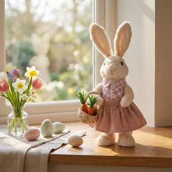 Iepuraș de Paște textil cu rochiță și coșuleț 35cm