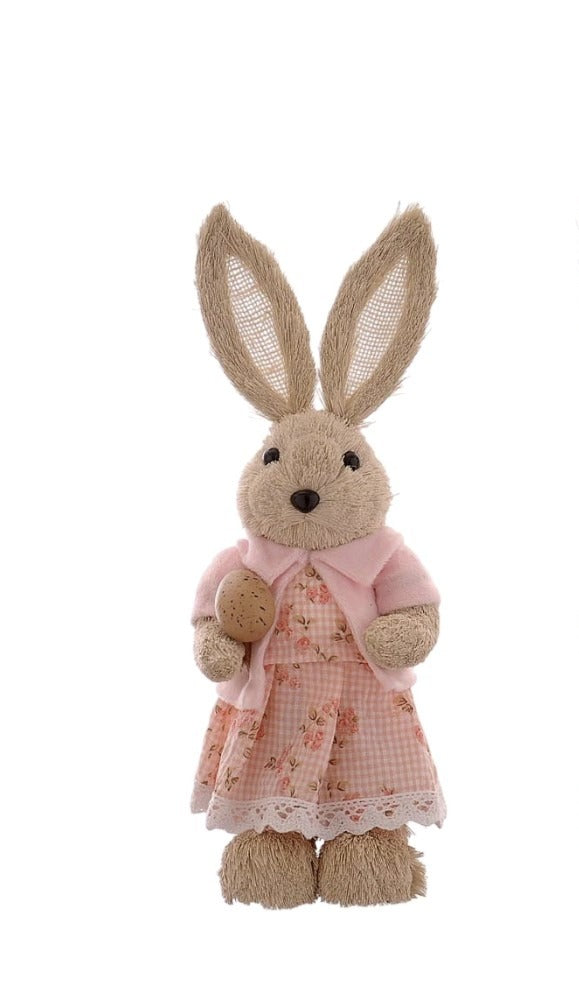 Iepuraș de Paște textil cu sacou roz și ou 32cm
