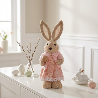 Iepuraș de Paște textil cu sacou roz și ou 32cm