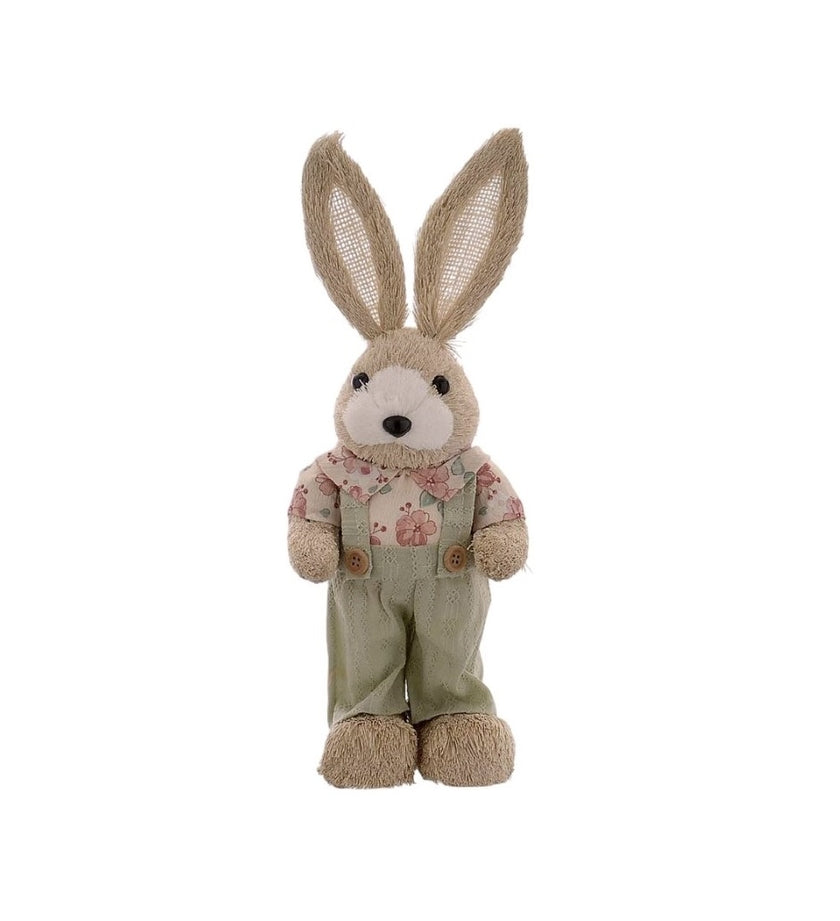 Iepuraș de Paște textil cu salopetă verde și cămașă 32cm
