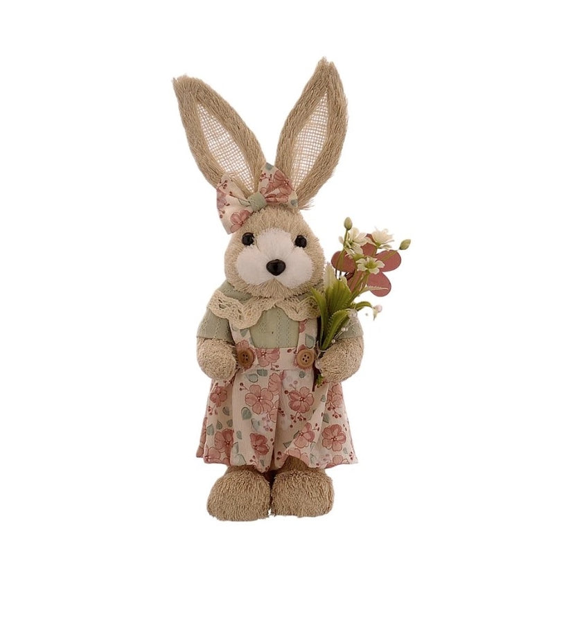 Iepuraș de Paște textil cu rochiță verde și flori 32cm
