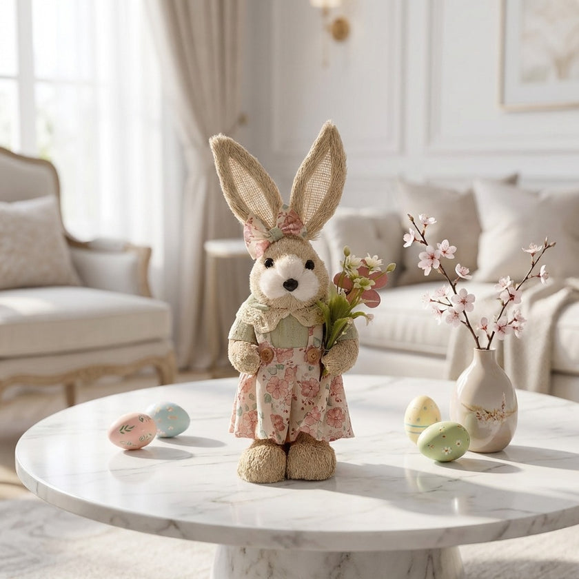 Iepuraș de Paște textil cu rochiță verde și flori 32cm