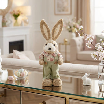 Iepuraș de Paște textil cu salopetă verde și cămașă 32cm