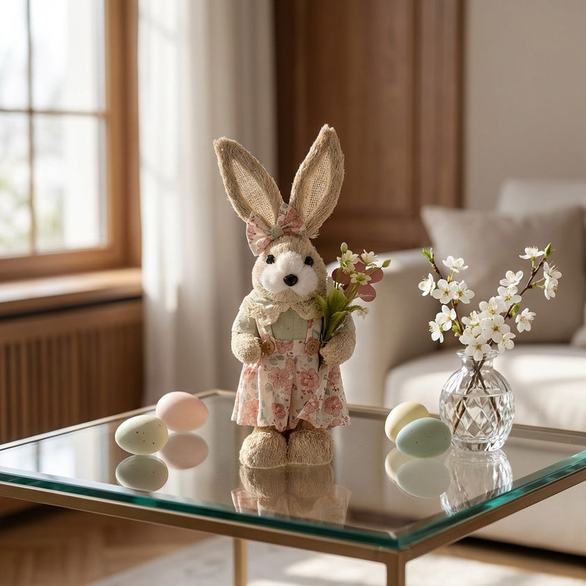 Iepuraș de Paște textil cu rochiță verde și flori 32cm