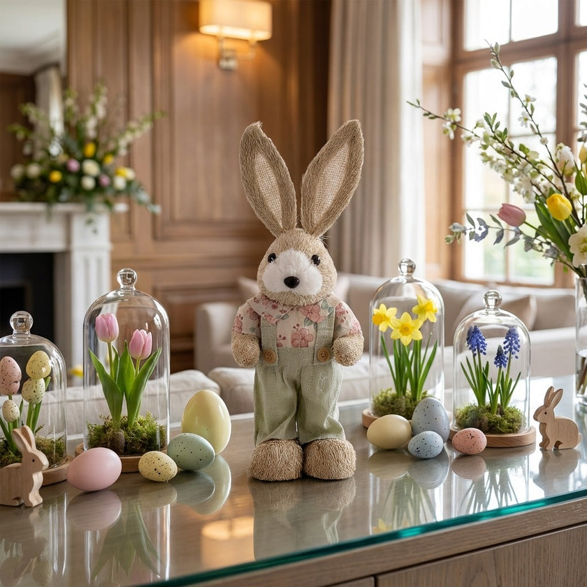 Iepuraș de Paște textil cu salopetă verde și cămașă 32cm